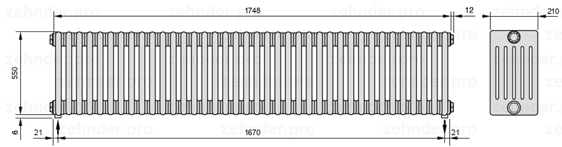 Схема (чертеж) Радиатор Zehnder Charleston 6055/38 №3570 Белый глянцевый RAL 9016